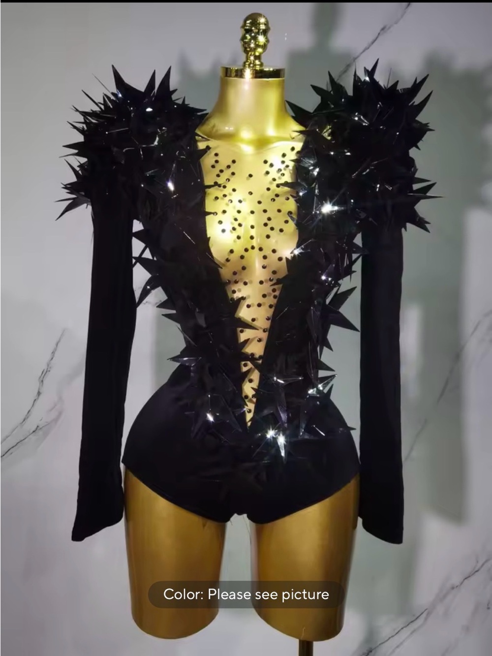 Black Spike Embellished Long-Sleeve Bodysuit
